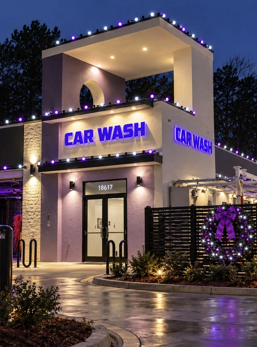 Car wash decorated with white and purple roofline lights and an illuminated wreath with a purple bow