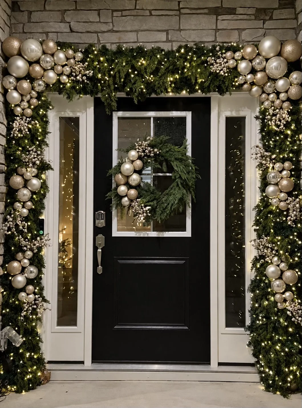 Black front door framed by lit evergreen garland, gold and silver ornaments, and a decorated wreath
